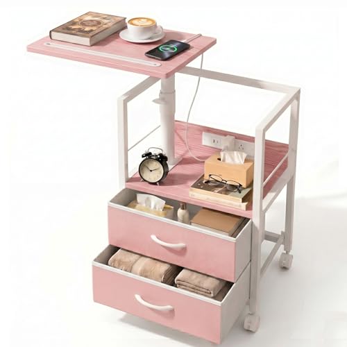 Faesun Swivel Lift Top Nightstand with Charging Station, Rolling Side Table for Recliner, Bedside Table with Wheels & 2 Fabric Drawers, for Small Spaces, for Bedroom, Living Room, Pink - color: Pink, size: 2 Drawers