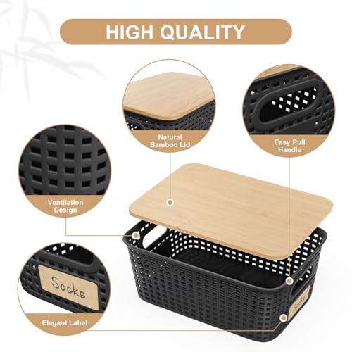 6Pcs Storage Bins with Lids, Stackable Plastic Storage Basket with Bamboo Lid, Pantry Organizer Box Small Containers for Organizing Shelves Drawer Desktop Closet Cabinet Office Classroom 10x7.1x4.1in - color: Black