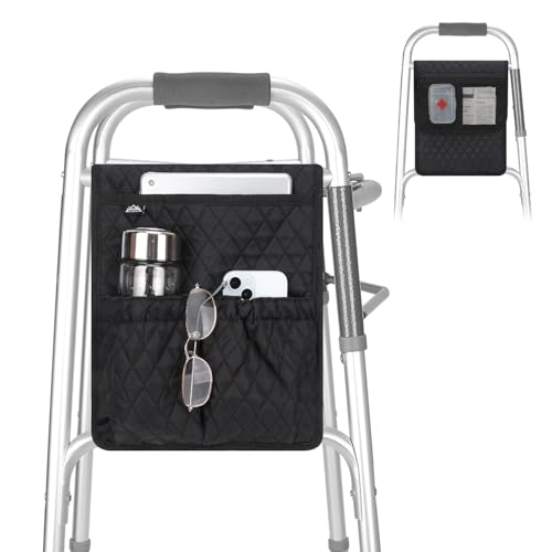 supregear Walker Bag, Universal Seniors Caddy Organizer with Multiple Pockets, Lightweight Accessories for Elderly, Rollators, Wheelchairs and Bedside Rails, Easy to Use Storage Pouch, Black - color: Black
