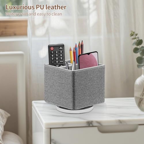 YAPISHI Remote Control Holder, 360° Swivel TV Remote Holder for Table, PU Leather Remotes Caddy, Nightstand Organizer for Media Controllers/Makeup/Office Supplies, Bedside Decorations for Living Room - color: Gray