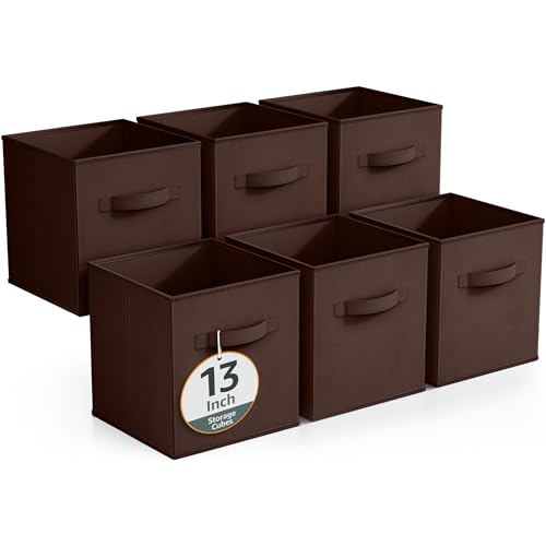 Sorbus Fabric Storage Cubes - 6 Foldable Storage Bins for Organizing Pantry, Cubbies, Toy Box - Clothes Storage & Closet Organizer - 13 Inch Collapsible Cube Baskets for Shelves with Handle - color: Chocolate, size: 13 Inch