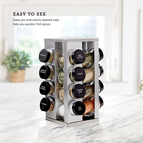 Kamenstein 16 Jar Heritage Revolving Countertop Spice Rack Organizer with Spices Included, FREE Spice Refills for 5 years, Brushed Stainless Steel with Black Caps | Revolving, Organizer, with Spices Included, with Black Caps - size: 16-Jar, style: 16-Jar