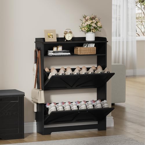 Shoe Cabinet Organizer with 2 Flip Drawers, Farmhouse Narrow Shoe Cabinet with 2 Adjustable Shelves & 2 Hooks, Shoe cabinet storage for entryway, Foyer, Hallway, Black, 31.5"W x 8.7"D x 41.7"H - color: Black, size: 2 Drawers with Shelf