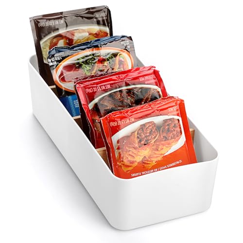 BSTKEY Seasoning Packet Organizer, Food Storage Organizer with Divided 4 Bamboo Wood Compartments, White Plastic Storage Caddy for Pantry Cabinet, Kitchen Organization Bin for Snacks Spice Packets - color: White