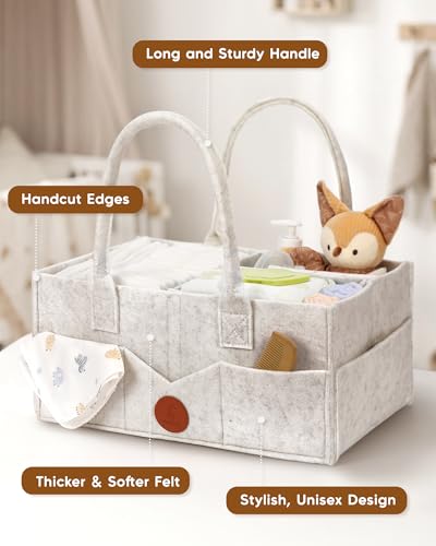 Maliton Baby Diaper Caddy, Nursery Storage Bin & Car Organizer with Handle, Large Felt Bag for Newborn essentials Boy or Girl, Changing Table Organizer for Baby Stuff, 15" x 9" x 7" Baby Shower Basket - color: WHITE, size: Large