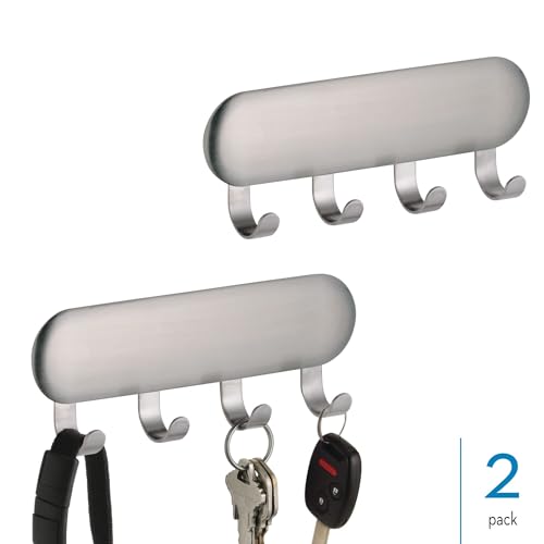 iDesign Self-Adhesive Stainless Steel Key Rack with 4 Hooks - Key Holder for Wall, Set of 2, Brushed - style: Pack of 2
