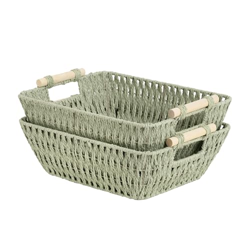 StorageWorks Large Wicker Storage Basket for Organizing with Wooden Handles, Toilet Paper Baskets for Shelf, Bosana Green, 2-Pack - color: Bosana Green, size: Medium