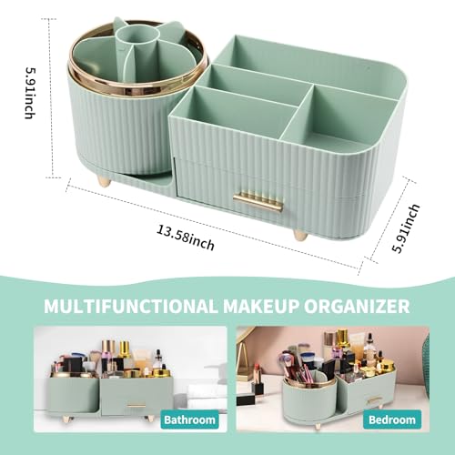 Makeup Organizer Countertop with Drawer 360 Rotating Brush Holder Storage Large Capacity Skincare Cosmetic Display Cases for Vanity Bathroom Desktop, Model 3016 Green - color: Green