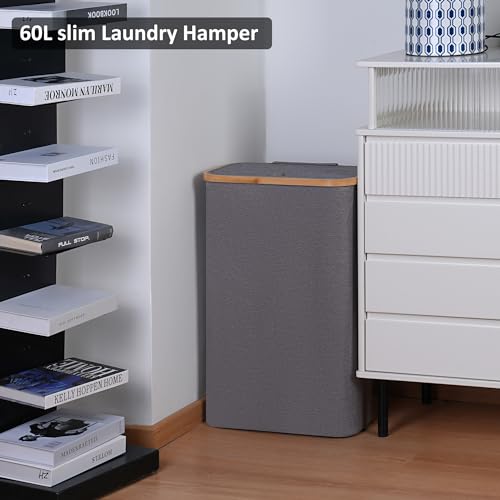 Slim Laundry Basket,60L Laundry Hamper with Lid, Tall Hamper for Laundry,Dirty Cloth Hamper with Bamboo Handle for Towels, Clothes Organizing,Grey - color: Grey, size: 60L Slim