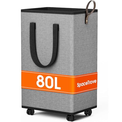 SpaceTrove Laundry Basket with Wheels, Collapsible Laundry Baskets, Laundry Hamper with Handles Detachable Wheels, Rolling Laundry Basket, Dirty Clothes Hamper for Bathroom, Dorm, Bedroom, Grey, 80L - color: Grey, size: 80L