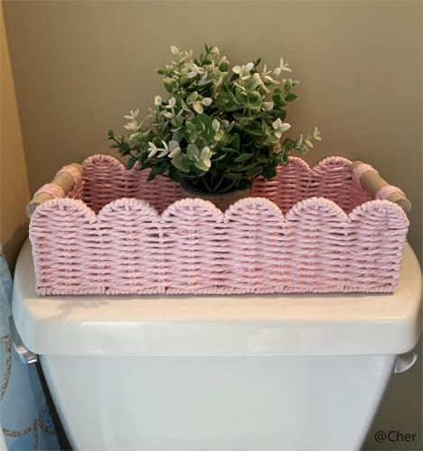 CubesLand Paper Rope Scalloped Edge Gift Basket Empty, Small Living Room,Bedroom Decor Baskets, Pink Woven Toilet Paper Storage Basket, with 2 Wooden Handle, Rectangular - color: Pink, size: M - 14"L x 6.3"W x 3.9"H