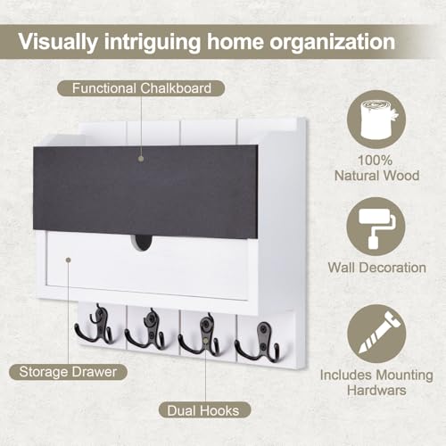 Mail and Key Holder Wall Mount with Storage Drawer – Modern Wooden Mail Organizer for Wall Entryway, 7 Key Hooks & Chalkboard Panel – Stylish Home Decor for Apartments, Living Room, Office - color: White