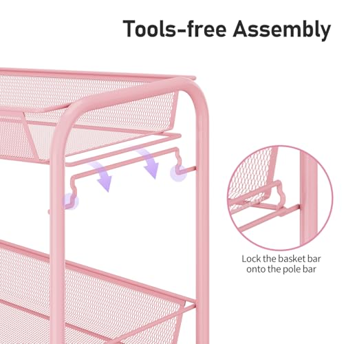 TOOLF 3 Tier Rolling Cart Pink - Metal Storage Organizer with Wheels, 33 lbs Shelf Capacity, Easy 5-Min Assembly, for Girls Room Bathroom Kitchen Office Nursery, Compact Design for Small Spaces, Pink - color: Pink, size: 3-Tier