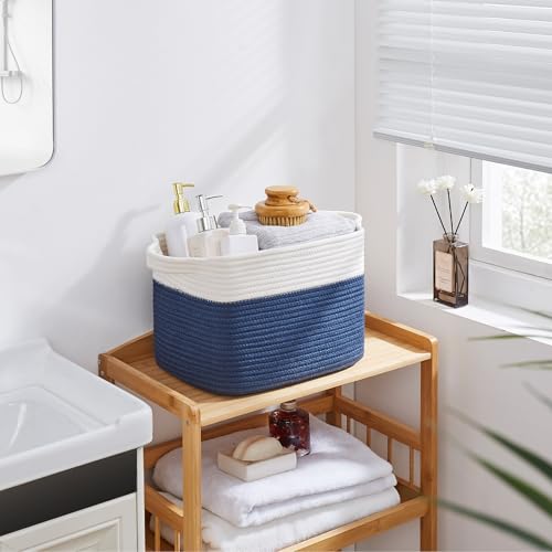 OIAHOMY Storage Baskets - Woven Cotton Rope Baskets for Shelves, Toy Towel Organizer Bins, Pack of 3, Blue & White - color: Blue & White, size: 3 pcs-13”x9.9”x8.7”