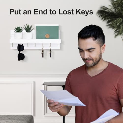 Lwenki Decorative Key Holder for Wall with Shelf, Entryway Shelf with Hooks Holds Leashes, Jackets and Glasses – Sturdy Wood Keyholder Entrance Hanger with Mounting Hardware (White, Large) - color: White, size: Large