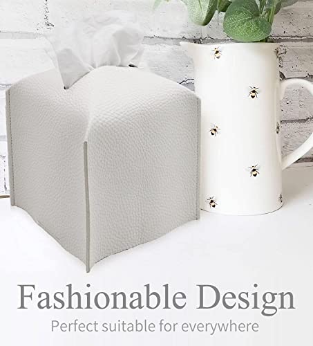 Livelab Tissue Box Cover, Square Decorative PU Leather Tissue Box Holder Modern Tissue Case Facial Paper Organizer Dispenser for Bathroom, Vanity Countertop, Night Stands, Desk 5X5X5'' | Off White - color: Off White