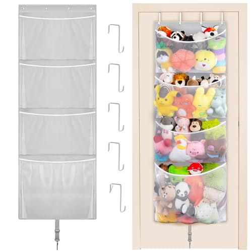Woodoulogy Hanging Stuffed Animal Storage, Over Door Large Plush Toy Organizer with Metal Hook, Baby Accessory Holder Idea for Nursery, Doll & Bear Mesh Hammock Bag for Girl Boy Kid Room - color: Grey