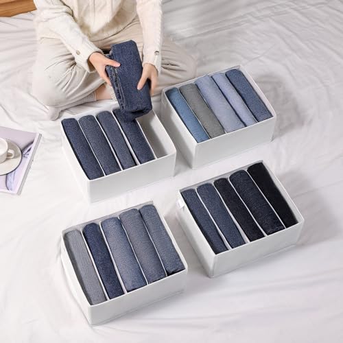 4 Packs Jeans Drawer Organizers for Clothing,5 Grids Compartment Wardrobe clothes organizer,Fabric Washable Closet Organizers and Storage Bins for Jeans,Pants,Bra,Legging,t-shirt-White - color: White