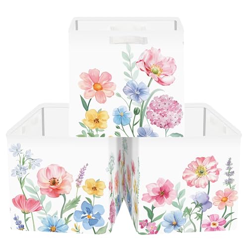 Clastyle Flowers Storage Cube Organizer Set Handle Closet Clothes Cube with Metal Frame Foldable Parents Organizer Storage Basket for Book Toy,Watercolour,11.8x11.8x11.8 in - color: Watercolour