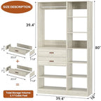 Armocity Freestanding Closet System, 40 Inches Stand-Alone Wardrobe with 10 Shelves, 80'' Height Adjustable Cloth Garment Rack with 2 Wood Drawers, Wood Walk-in Closet with Hanging Rod, White Oak - color: White Oak