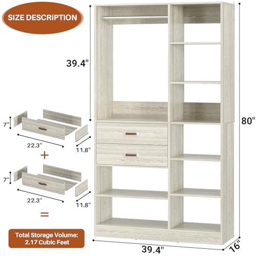 Armocity Freestanding Closet System, 40 Inches Stand-Alone Wardrobe with 10 Shelves, 80'' Height Adjustable Cloth Garment Rack with 2 Wood Drawers, Wood Walk-in Closet with Hanging Rod, White Oak - color: White Oak
