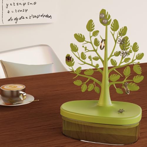 OULIGET Tree Tower Rack with Storage Box Drawer,Jewelry Display Tree Necklace Earring Organizer Holder,Double Shelf Hanging Organizer for Ring Earrings Necklace Bracelet Key - color: Green Double