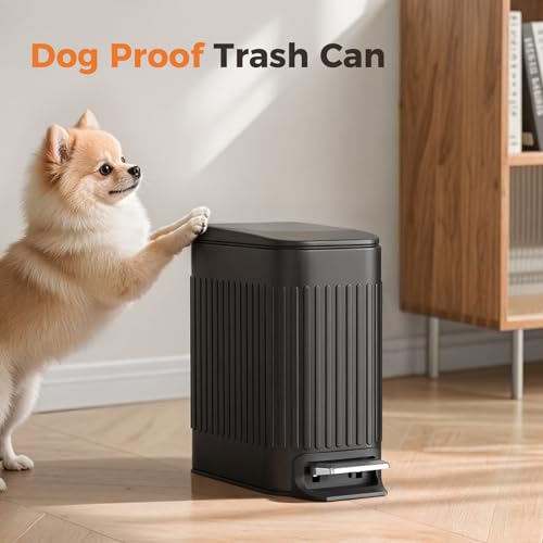 TrashAid Small Black Bathroom Trash Can with Lid Soft Close, 6 Liter / 1.6 Gallon, Stainless Steel Garbage Can with Removable Inner Bucket, Step Pedal, Slim Wastebasket for Toilet, Office, Bedroom - color: Black