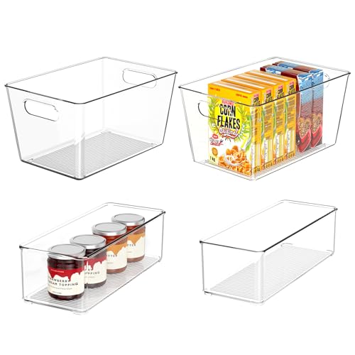 Set of 4 Clear Plastic Storage Bins, 2 Large +2 Small Pantry Organizers and Storage Containers for Kitchen Organization, Home Storage Essentials for Cabinet, Office, Garage, Freezer& Bathroom - size: 2 Large & 2 Small