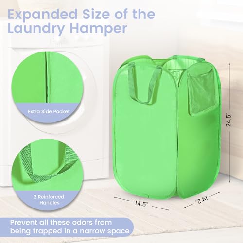HOUSE AGAIN Upgraded Polyester Pop Up Laundry Hamper, Collapsible Laundry Baskets with Durable Handles Solid Bottom High Steel Frame and Side Pocket, Easy Open & Save space,Perfect for Storage(Green) - color: Green, size: 1-Pack