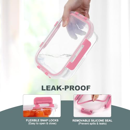 KOMUEE 10 Pack Glass Food Storage Containers, Meal Prep Containers with Lids, Airtight Glass Lunch Boxes, Freezer, Oven, and Microwave Safe, Pink - color: Pink