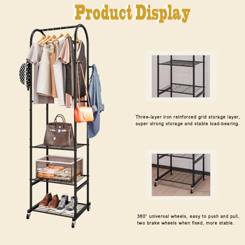 SUOERNUO Clothes Rack With Wheels and 3-Tier Metal Shelves,Clothing Rack For Hanging Clothes With 4 Hooks,Garment Rack Wardrobe Organizer for Small Space,Black (black, 16.54 * 18.23 * 72.05) - color: black