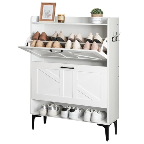 MAHANCRIS Shoe Storage Cabinet, Shoe Organizer with 2 Flip Drawers, Hidden Shoe Storage for Entryway, Freestanding Organizer with Open Storages, White SHWT9401 - color: White