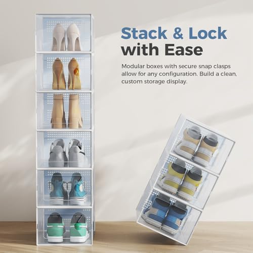 DUMOS Shoe Storage Boxes, 12-Pack Stackable Clear Shoe Containers with Lids, Display Sneaker Case Organizer for Closet, Under Bed, Entryway,Light White (Fit Size 9) - color: White, size: 12 PCS & Fit Size 9