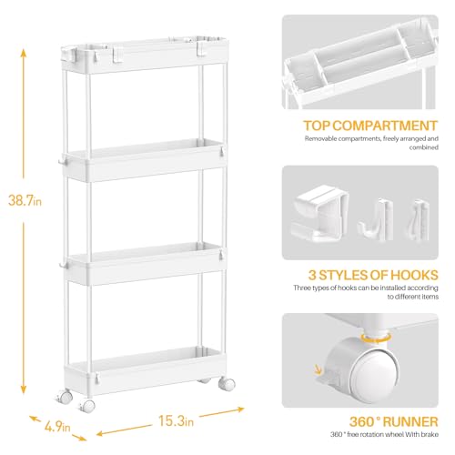 SPACELEAD Slim Storage Cart 4 Tier,Bathroom Organizer Rolling Utility, Mobile Shelving Unit Slide Out for Office, Kitchen, Laundry Room & Narrow Places,White - color: White