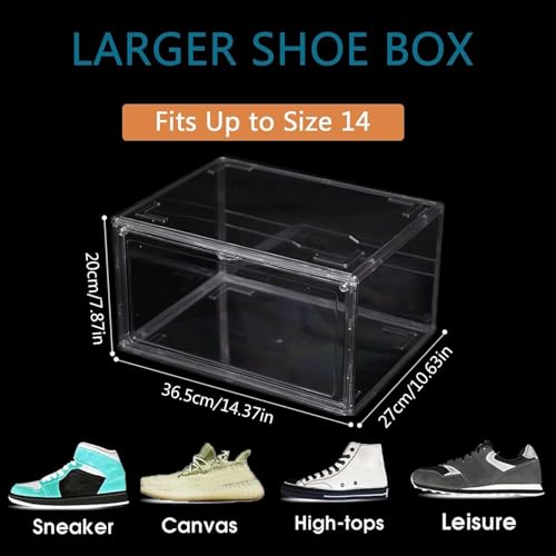 12 Pack Shoe Boxes, Clear Acrylic Stackable Plastic Sneaker Box Container, Magnetic Drop & Side Open Shoe Organizer Case Container With Lids Fits Up to Size 14 (Crystal Clear) - color: Crystal Clear