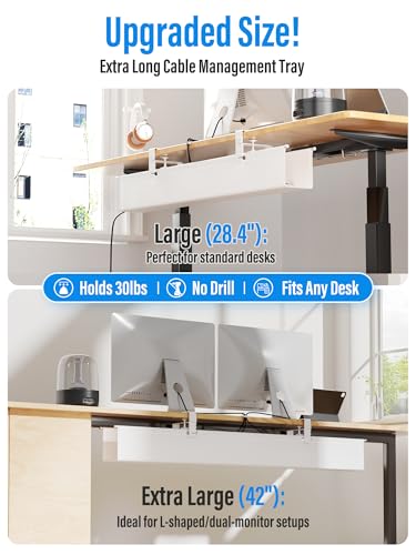 [Upgraded] Large Under Desk Cable Management Tray, Cinati Cable Management Under Desk No Drill, 42" Fabric Cord Hider for Wire Organizer, Cord Organizer for Office, Home - Supports Up to 30lbs White - color: White, size: Extra Large(42 inch)