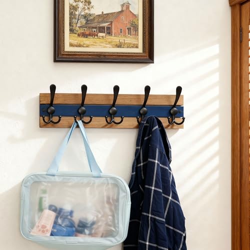 SKOLOO Rustic Wall Mounted Coat Rack - 16-7/8" Long Coat Hooks for Wall with 5 Triple Hooks for Hanging Coats, Hats or Tools, Western National Parks Collection, Wood Brown & Blue - color: Blue & Brown Plates & Black Hook, size: 1 Item-5 Hooks