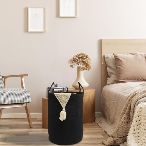 Woven Cotton Rope Laundry basket-16”X22” Laundry Hamper-Rope Storage Basket for Dirty Clothes, Toys and Blankets Perfect for Bathroom, Baby nursery and Living Room Storage (black, Large) - color: black, size: Large