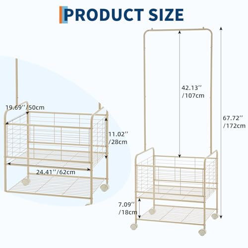 GarveeHome Metal Laundry Cart with Hanging Rack & Storage Shelves | 3 in-1 Rolling Hamper with Wheels for Clothes, Towels and Toys | Space Saving Organizer for Small Apartment/Bathroom