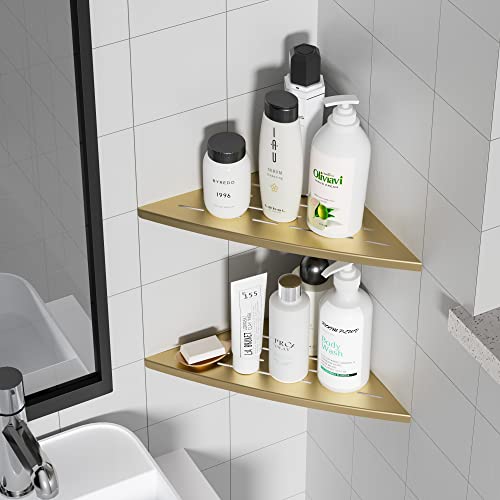 Qeke Corner Shower Shelf Brushed Golden, 304 Stainless Steel 11.5” Recessed Corner Shelf Bathroom for Tiled Wall, Floating Shower Shelves Shampoo Holder, No Drilling, 2 Pack - color: Brushed Golden