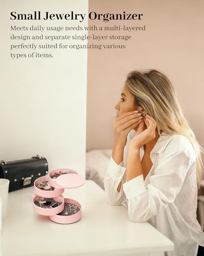 CONBOLA Jewelry Organizer, Small Jewelry Storage Box Earring Holder for Women, 4-Layer Rotating Travel Jewelry Tray Case with Lid for Bracelets Rings Bracelets, Gift for Women Teen Girls - color: Pink