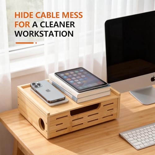 Cable Management Box – Large Extension Cable Organizer Box for Power Strips Floor Outlet Hider Durable Bamboo Cord Hider for Home Office Under Desk & Floor TV Wires Computer Router USB Hub Cables