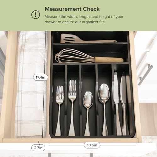 KitchenEdge Silverware Organizer - Cutlery, Flatware, and Utensil Holder for Kitchen Drawers, Fixed 10.5” Width, 7 Storage Compartments, Non-Slip Feet, Rounded Corners, 100% Bamboo, Black Finish - color: Black Bamboo
