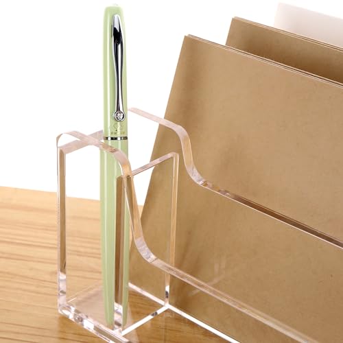 SANRUI Acrylic Mail Organizer, 5 Compartments File Holder for Desk,Letter Sorter with Pen Holder,Desk Organizers and Accessories,Clear Cute Mail Sorter - style: 4 Sections with Pen Holder