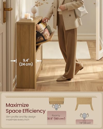 VASAGLE ELLAN Collection - Boho Shoe Storage Cabinet for Entryway Slim, Entry Shoe Cabinet with Rattan-Look Flip Drawers, Rounded Corners, Narrow for Entrance, Natural Brown UHSC601KC01 - color: Natural Brown, size: 9.4"D x 33.9"W x 32.9"H-3 Flip Drawers