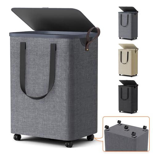 Laundry Basket with 5 Wheels, Tall Dirty Laundry Hamper, Rolling Laundry Basket with Lid, Collapsible Clothes Hamper for Bathroom Bedroom Dorm Laundry Room, Light Gray, 75L - color: Light Gray, size: 75L