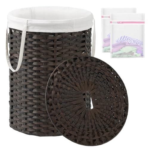 SETVSON Laundry Basket with Lid Round Rattan Laundry Hamper with Lid and Handles 29.1 Gal (110 L) Handwoven Woven Basket with Removable Bags and 2 Mesh Bags for Bathroom Living Room Brown - color: Brown, size: 110L