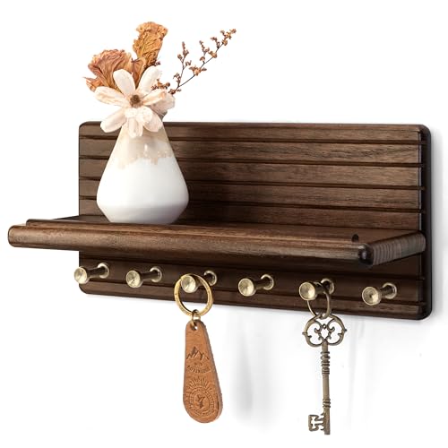 Rebee Vision Acacia Wood Key Holder Wall Mount - Farmhouse Key Holder for Wall with 6 Hooks & Floating Shelf - Apartment Essentials for Home Decor Living Room (Black Walnut) - color: Dark Acacia, size: Medium-11inch