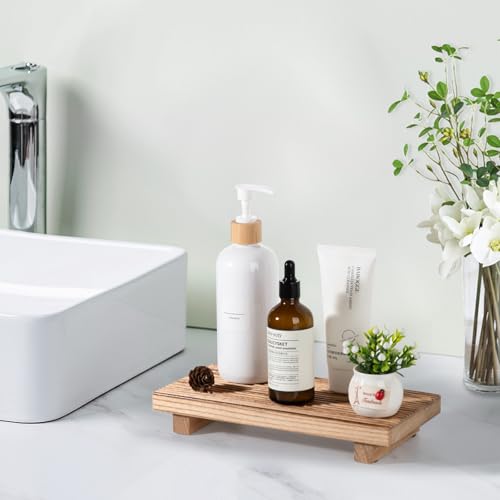 Bathroom Tray Farmhouse Decor Pedestal Stand Wood Riser Display Kitchen Accessories Soap Holder for Sink, Counter, Vanity,10 * 4.5 Brown - color: Brown, size: 10" x 4.5" x 1.6"