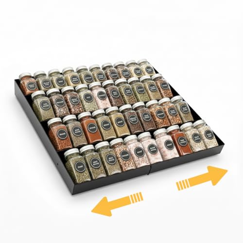 GOENDR Metal Spice Drawer Organizer, 4-Tier Spice Rack for Drawer, Expandable Seasoning Organizer Fits 11.4-22.8” Wide Drawer, Holds up to 48 Spice Jars (Not Included), Black - color: Black
